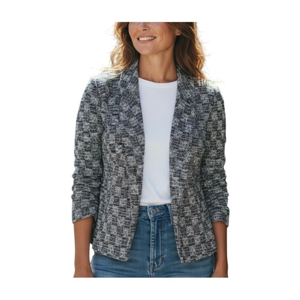 Shelby & Palmer Black White Tweed Open Front Blazer SMALL Jacket Career Washable